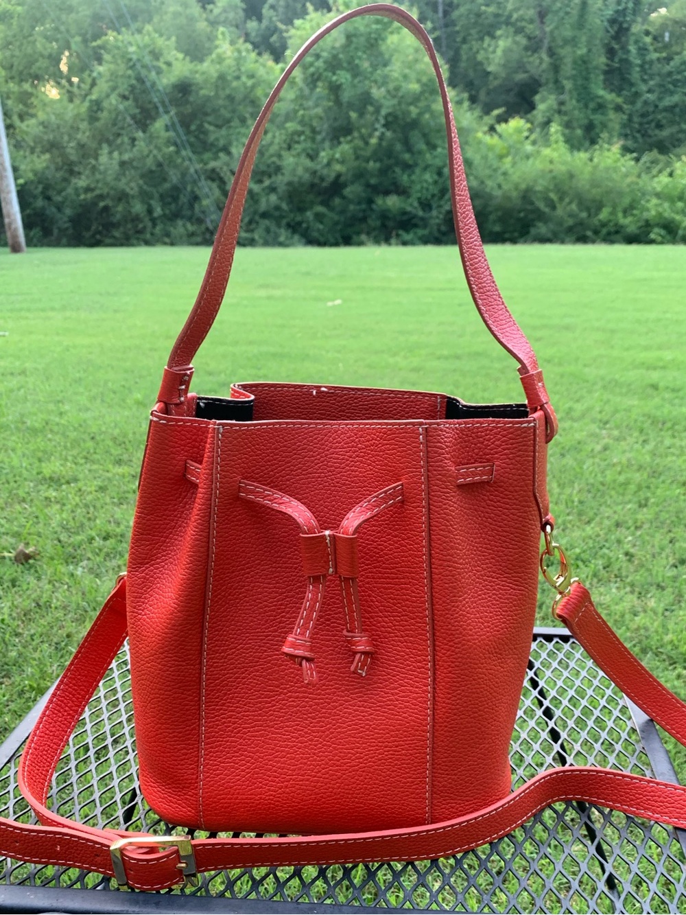 Divina Firenze Leather Red Drawstring Bucket Bag - Women's Crossbody